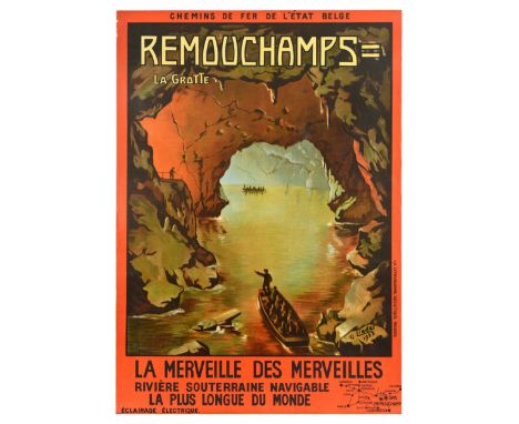 Original vintage travel poster promoting the famous caves of Remouchamps In Belgium - Artwork features boats navigating throu