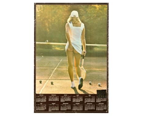 Original vintage calendar poster featuring the iconic Tennis Girl photo of a female tennis player without underwear. The phot