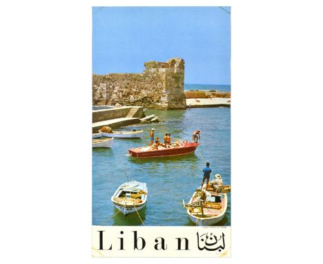 Original vintage travel poster for Lebanon featuring a photograph of fishermen on boats with ancient ruins in the background.