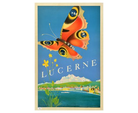 Original vintage travel poster for Lucerne in Switzerland. Image of a butterly in the sky and lake and city in the background