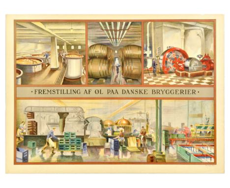 Original vintage advertising poster Production of beer at Danish breweries / Fremstilling af ol paa danske bryggerier, featur
