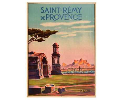 Original vintage travel poster for Saint Remy De Provence - Design features a Roman site named 'Les Antiques' of Glanum, with