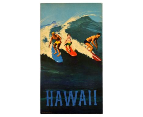 Original vintage travel poster for Hawaii featuring an illustration of two confident surfers catching the wave and a caricatu