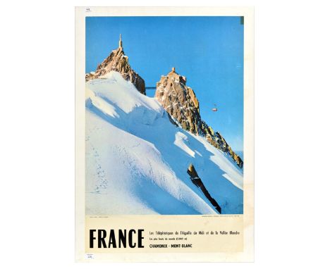 Original vintage ski travel poster for France and the Chamonix Mont Blanc resort area, the highest summit in the Alps renowne