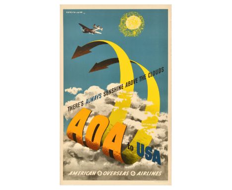Original vintage travel advertising poster for American Overseas Airlines designed by the notable design team Lewitt-Him (193