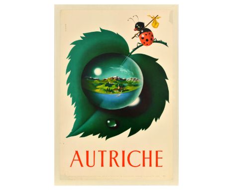 Original vintage travel poster for Austria / Autriche - Design features a fun cartoon ladybird character sitting on the stalk