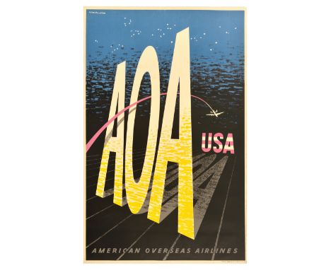 Original vintage travel advertising poster for American Overseas Airlines designed by the notable design team Lewitt-Him (193