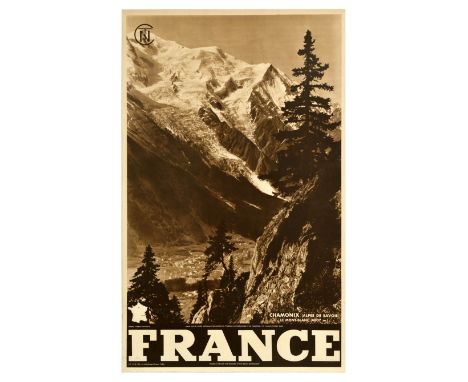 Original vintage travel poster for France and the Chamonix, Alpes de Savoie, and Mont Blanc resort area, the highest summit i