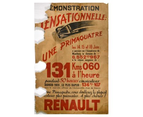 Original vintage advertising poster for Renault Primaquatre automobile with a dynamic illustration of a black car with red an