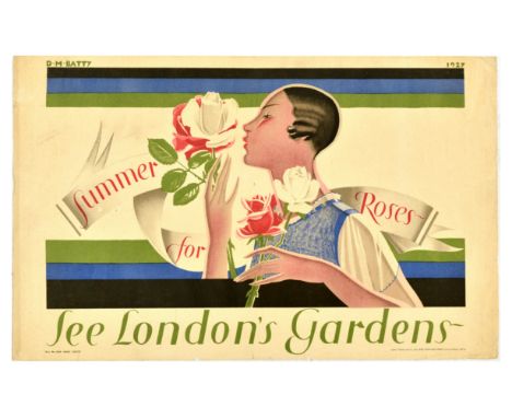 Original vintage London Transport travel poster Summer for Roses. See London's Gardens featuring a great illustration by Dora