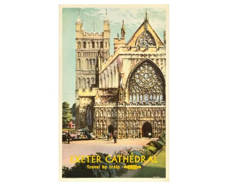 Original vintage travel poster for Exeter Cathedral Travel By Train published by British Railways Western Region, the poster 