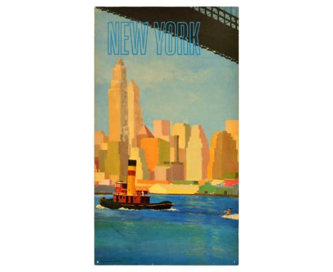 Original vintage travel poster for New York featuring an illustration depicting a person waterskiing led by a little barge wi