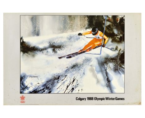 Original vintage sports poster for Calgary 1988 Olympic Winter Games, featuring an image of a skier in an orange ski suit ski