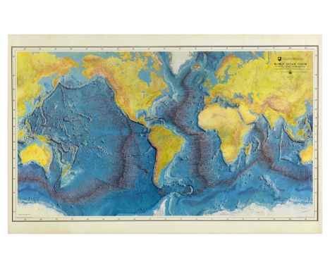 Set of 2 original vintage map of the world oceans.  1. Topography of the Oceans with continents at same contour interval prep