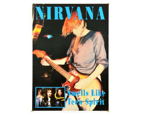 Original vintage music advertising poster for Nirvana Smells Like Teen Spirit featuring a photograph of Kurt Cobain playing t