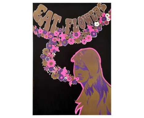 Original vintage advertising poster titled Eat Flowers with a bold and eye-catching psychedelic hippie design showing a photo