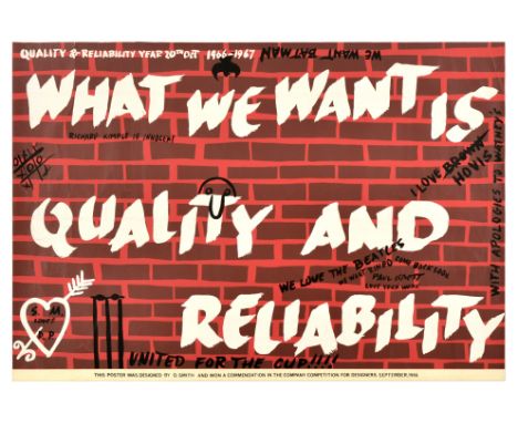 Original vintage propaganda poster - What we want is quality and reliability - featuring white and black writing on a red bri