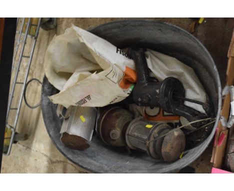 Mixed lot including a tin bath, tilley lamp, cast water pump etc