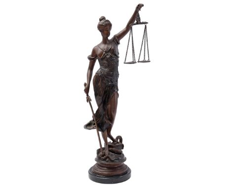 Metal statue of Lady Justice, 57 cm high (chains of scales loose)