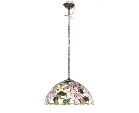 Round Tiffany style hanging lamp with floral decor, shade 31 cm high, 53 cm diameter, chain 84 cm