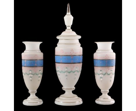 Opaline glass 3-piece garniture, painted with enamel decor, ca. 1890, 23.5 cm and 38 cm high