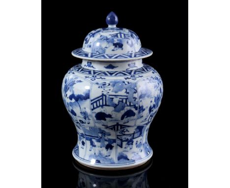 Porcelain lidded jar with blue and white decoration of fools in many different scenes, after Kangxi example, China 20th centu