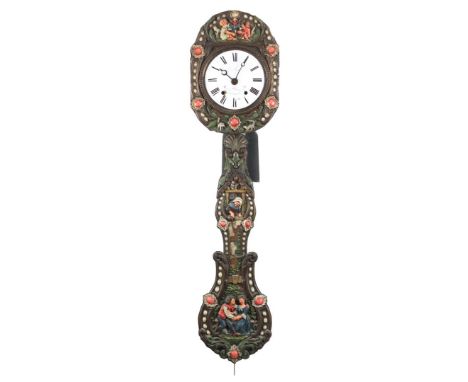 Comtoise clock with polychrome decor and enamel dial with inscription 'L. Brault à Blaye', 150 cm