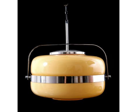 Yellow/orange glass hanging lamp with chromed metal fixture, Netherlands second half 20th century, 36 cm diameter