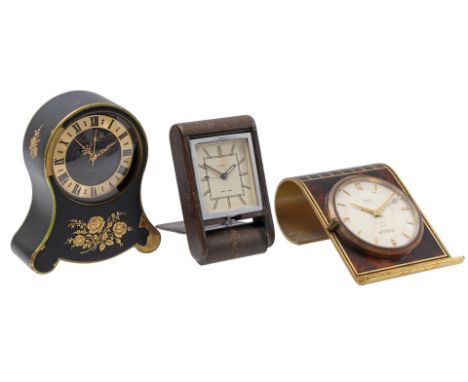3 travel alarm clocks including Jaeger LeCoultre travel clock with alarm, petite Neuchateloise and Cyma Amic table clock with
