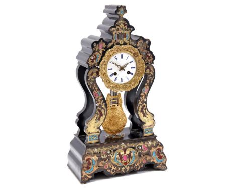 Wooden black lacquered mantel clock with polychrome decoration and brass inlay, France 19th century, 50 cm high (various dama