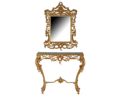 Brass console table with marble top, in Rococo style, 83 cm high, 97 cm wide, 35 cm deep, with separate mirror in the same st