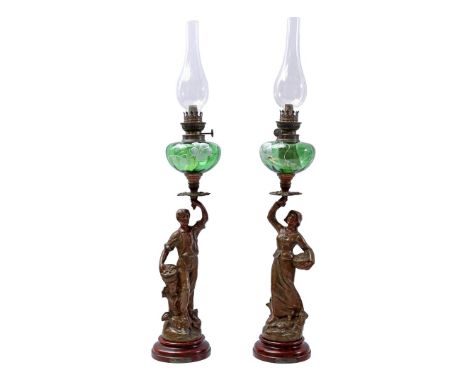 2 zamac table oil lamps, titled La Cueillette par Marceau, with green glass jars painted with enamel paint floral decor, 74 c