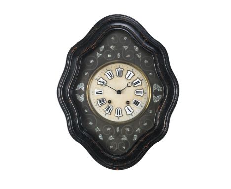 Oeil de boeuf wall clock with alabaster dial and enamel shields, in black lacquered contoured frame, 62x49 cm