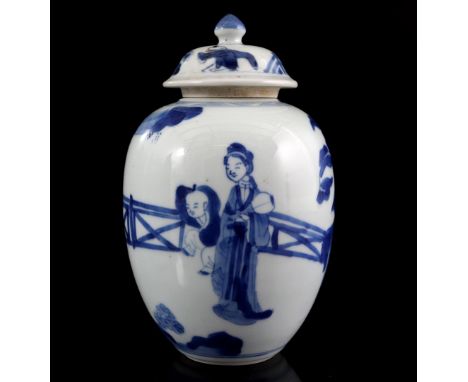 Porcelain egg-shaped tea caddy with blue decor of long lines and fools, Chenghua 4-character mark, China Kangxi period ca. 17