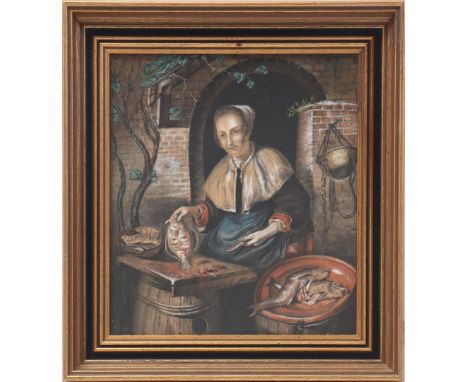 Wall decoration after old master, maid with fish, outer size is 36x34 cm