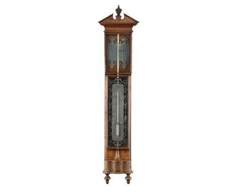 Mahogany veneer on oak baking barometer with tympanum and decorative vase on top, with texts 'P. Wast en Zoonen Amsterdam Fec