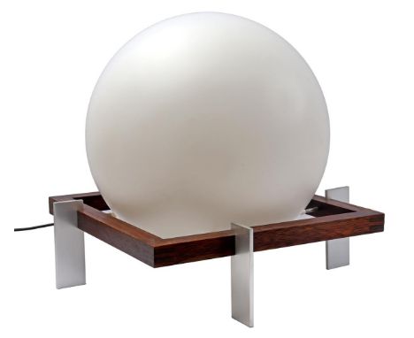 Ton Alberts (1927-1999)White frosted glass floor lamp standing on a rosewood base with aluminum uprights, design Ton A. C. Al