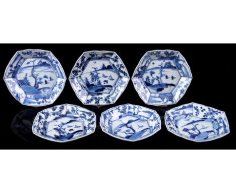 6 porcelain hexagonal dishes with a blue and white decoration of a landscape with boats, China Kangxi period, ca. 1700, 10.5 