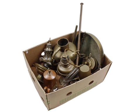 Copper table oil lamp, 52 cm high, holy water bucket with sprinkler, scales, bouilloire, milk jug, jug and incense holder