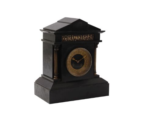 French mantel clock in black marble case with tympanum roof, copper decoration and full columns, movement marked A.D. Mougin,