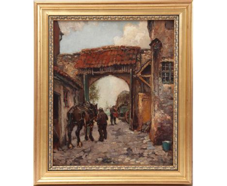 Alfred van Neste (1874-1969)Figures at gate of farmhouse, back title "Afspanning", panel 60x50 cm