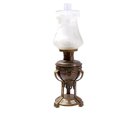 Copper table oil lamp with glass shade, Holland ca. 1920, 58 cm high