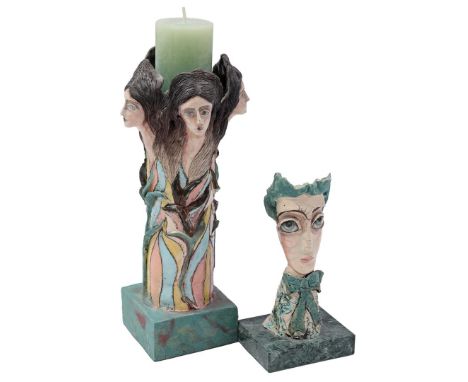 Beautifully glazed ceramic candlestick in the shape of 4 figures, design Jessy Mooy, 27 cm high and ceramic bust of figure, o