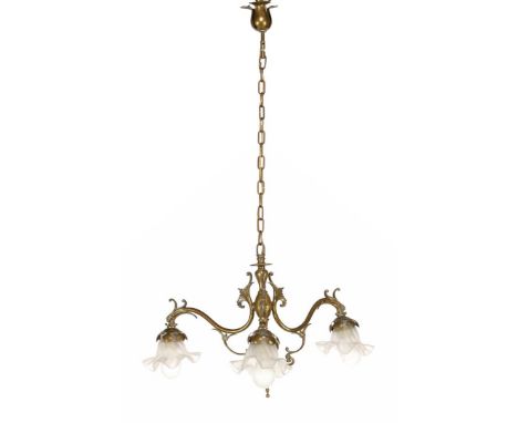 Brass 3-light hanging lamp with bird heads and 3 glass pleated shades, 103 cm high, 63 cm diameter