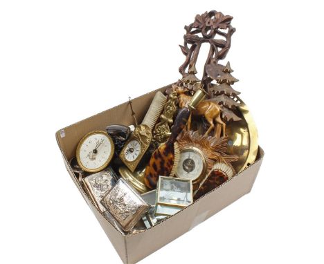 Various box including wall clocks, PTT telephone, plastic hairdressing set in tortoise color, brass table candlestick, plate,