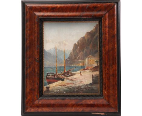 Signed M Adam, Mooring boat in harbor near fjord or mountain lake, panel 39x30 cm (frame damage)