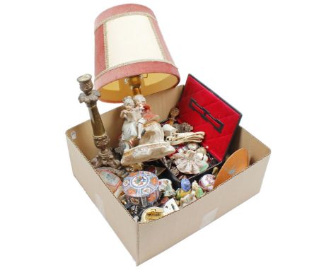 Various box including bijou, classic porcelain table lamp with upholstered shade, cloisonné, porcelain figurines, magnifying 