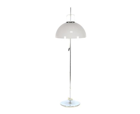Metal floor lamp with white plastic shade, manufactured by Harvey Guzzini for Meblo (Yugoslavia), model 'Lucerna', stickered,