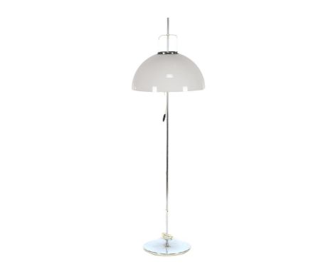 Metal floor lamp with white plastic shade, manufactured by Harvey Guzzini for Meblo (Yugoslavia), model 'Lucerna', stickered,