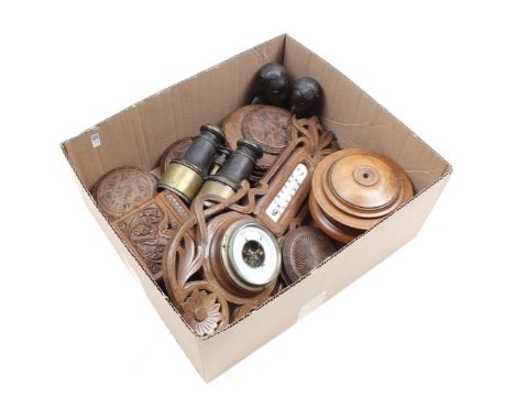 Various box including wooden objects, barometer and old binoculars